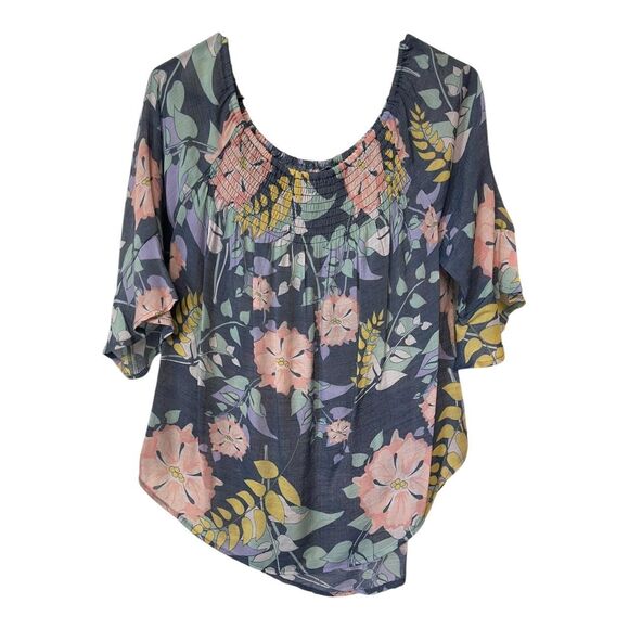 Ashley Blue Floral Print Boho Blouse Large - Picture 1 of 6